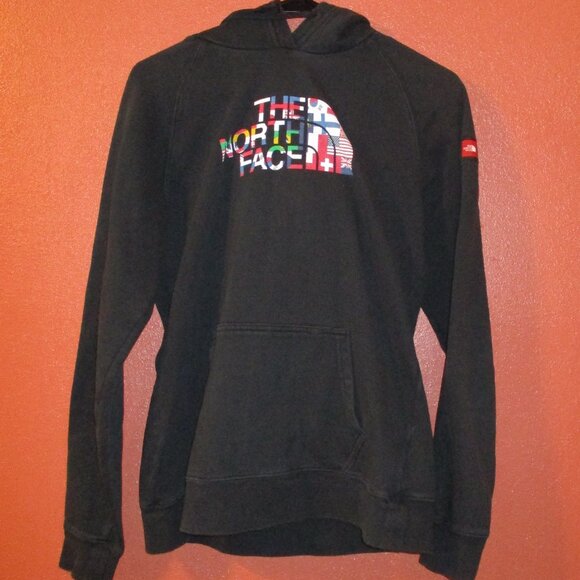 North Face Woman Medium Black Red White Blue Warm Long Sleeve Pullover Hoodie - Picture 1 of 6